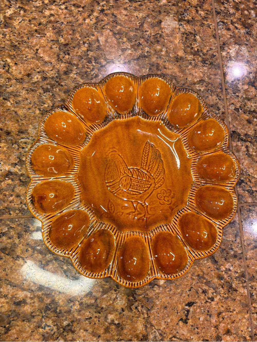 Vintage CALIF USA S29 Deviled Egg Platter Brown Ceramic Rooster 15 Egg MCM